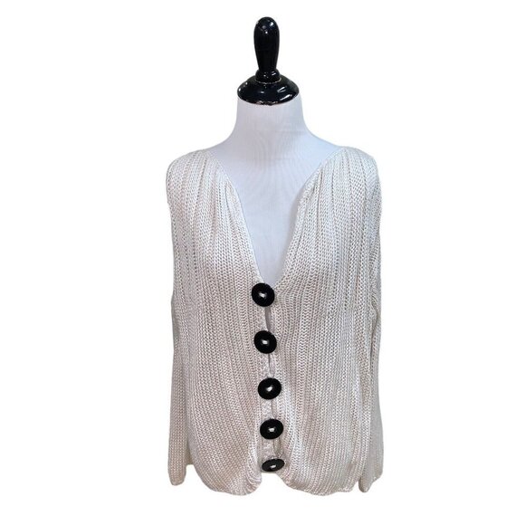PURE Handknit Women's Knit Cardigan Sweater S/M Big Decorative Buttons Beige - Picture 2 of 8